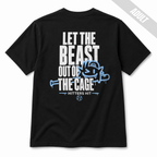 Black adult baseball graphic T-shirt with large back design reading "Let the Beast Out of the Cage" in white and light blue.