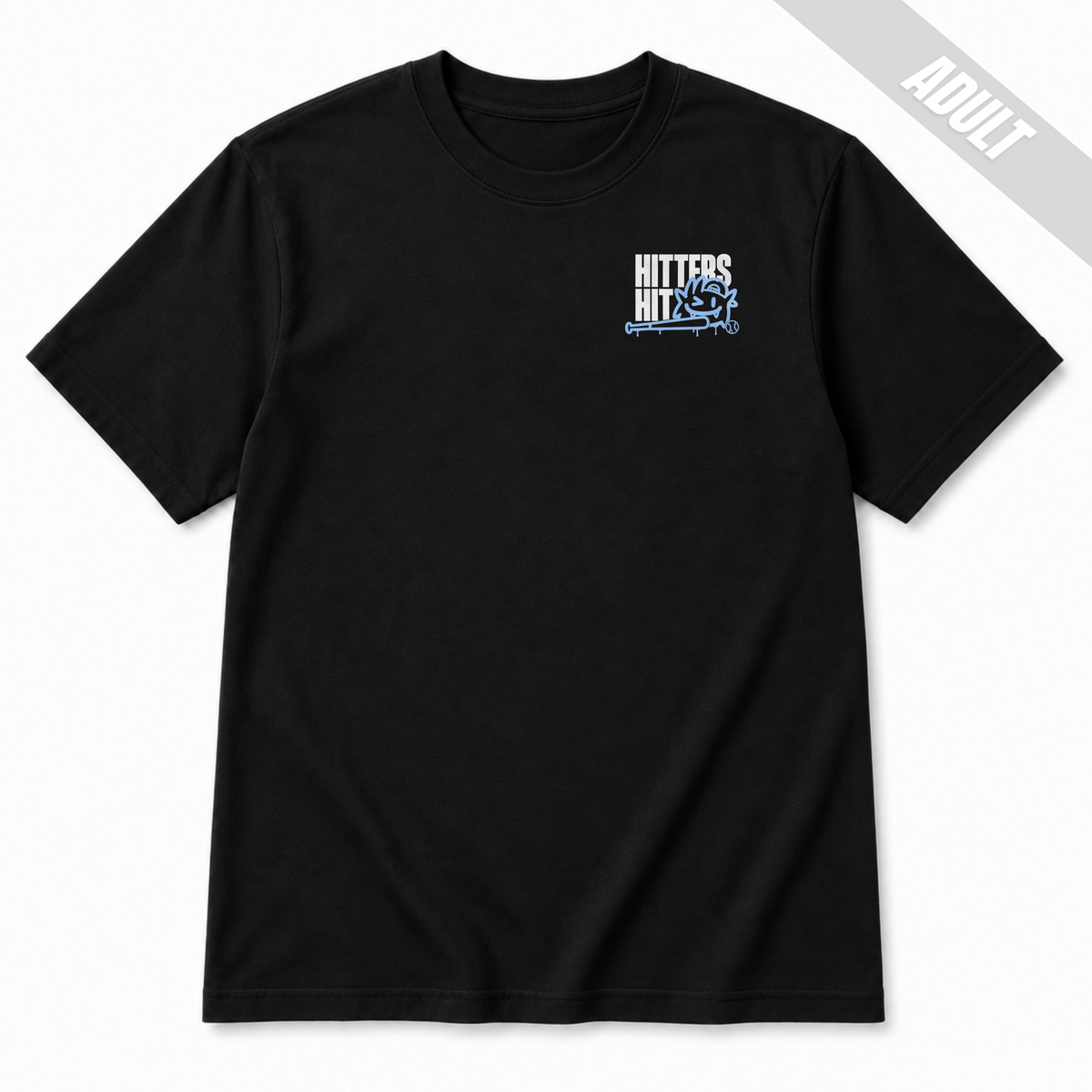Black adult baseball T-shirt with small front left chest "Hitters Hit" graphic in white and light blue.