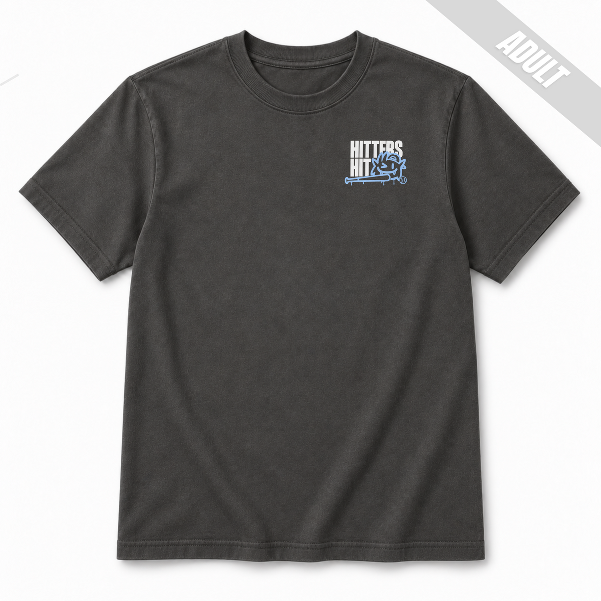Pepper adult baseball T-shirt with small front left chest "Hitters Hit" graphic in white and light blue.
