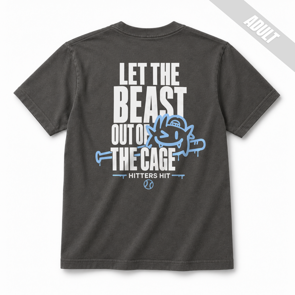 Pepper adult baseball graphic T-shirt with large back design reading "Let the Beast Out of the Cage" in white and light blue.