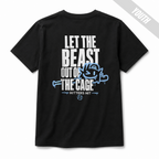 Black youth baseball T-shirt shown from the back with large "Let the Beast Out of the Cage" graphic in white and light blue.