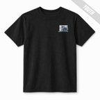 Black youth baseball T-shirt shown from the front with small "Hitters Hit" left chest graphic in white and light blue.