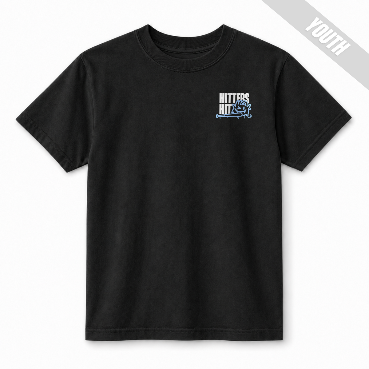 Black youth baseball T-shirt shown from the front with small "Hitters Hit" left chest graphic in white and light blue.