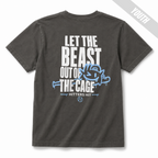 Pepper youth baseball T-shirt shown from the back with large "Let the Beast Out of the Cage" graphic in white and light blue.