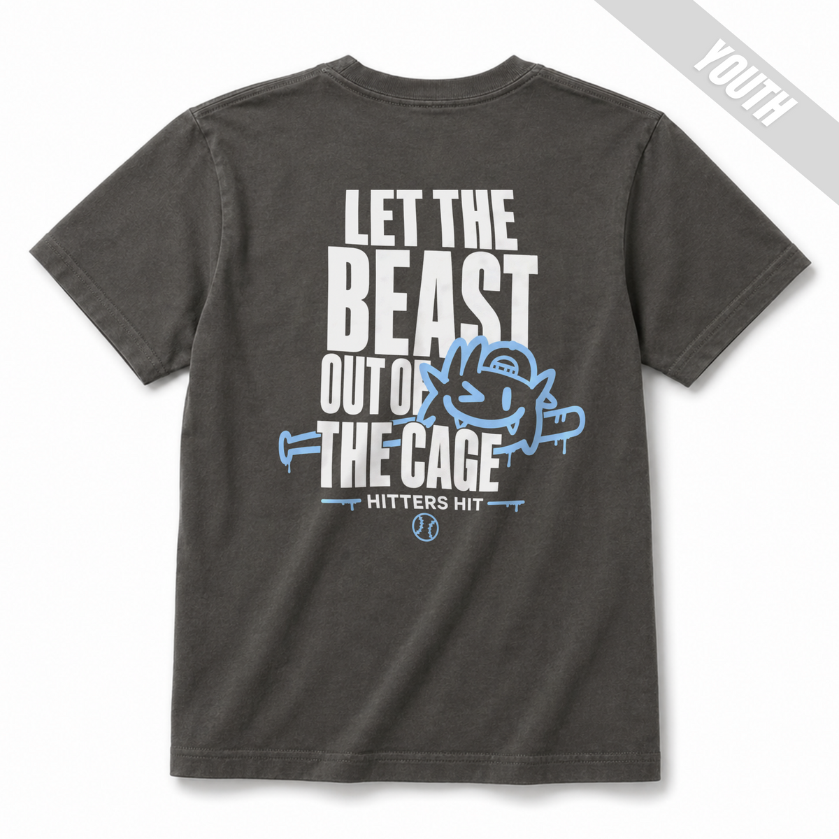 Pepper youth baseball T-shirt shown from the back with large "Let the Beast Out of the Cage" graphic in white and light blue.