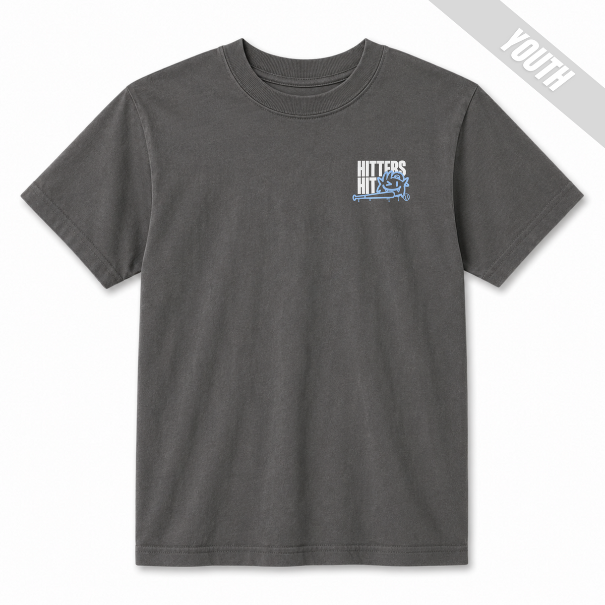 Pepper youth baseball T-shirt shown from the front with small "Hitters Hit" left chest graphic in white and light blue.