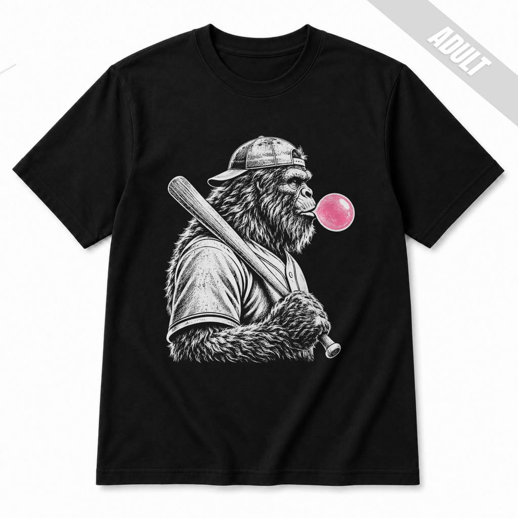 Black adult baseball T-shirt featuring a large white Bigfoot holding a baseball bat and blowing a bright pink bubble.