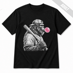 Black adult baseball T-shirt featuring a large white Bigfoot holding a baseball bat and blowing a bright pink bubble.