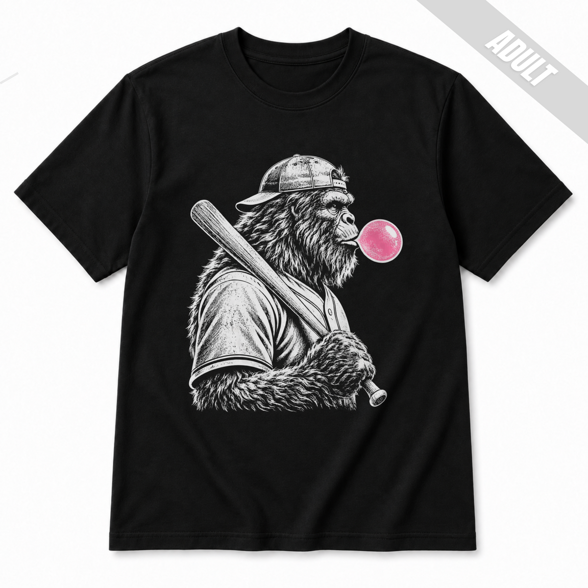 Black adult baseball T-shirt featuring a large white Bigfoot holding a baseball bat and blowing a bright pink bubble.