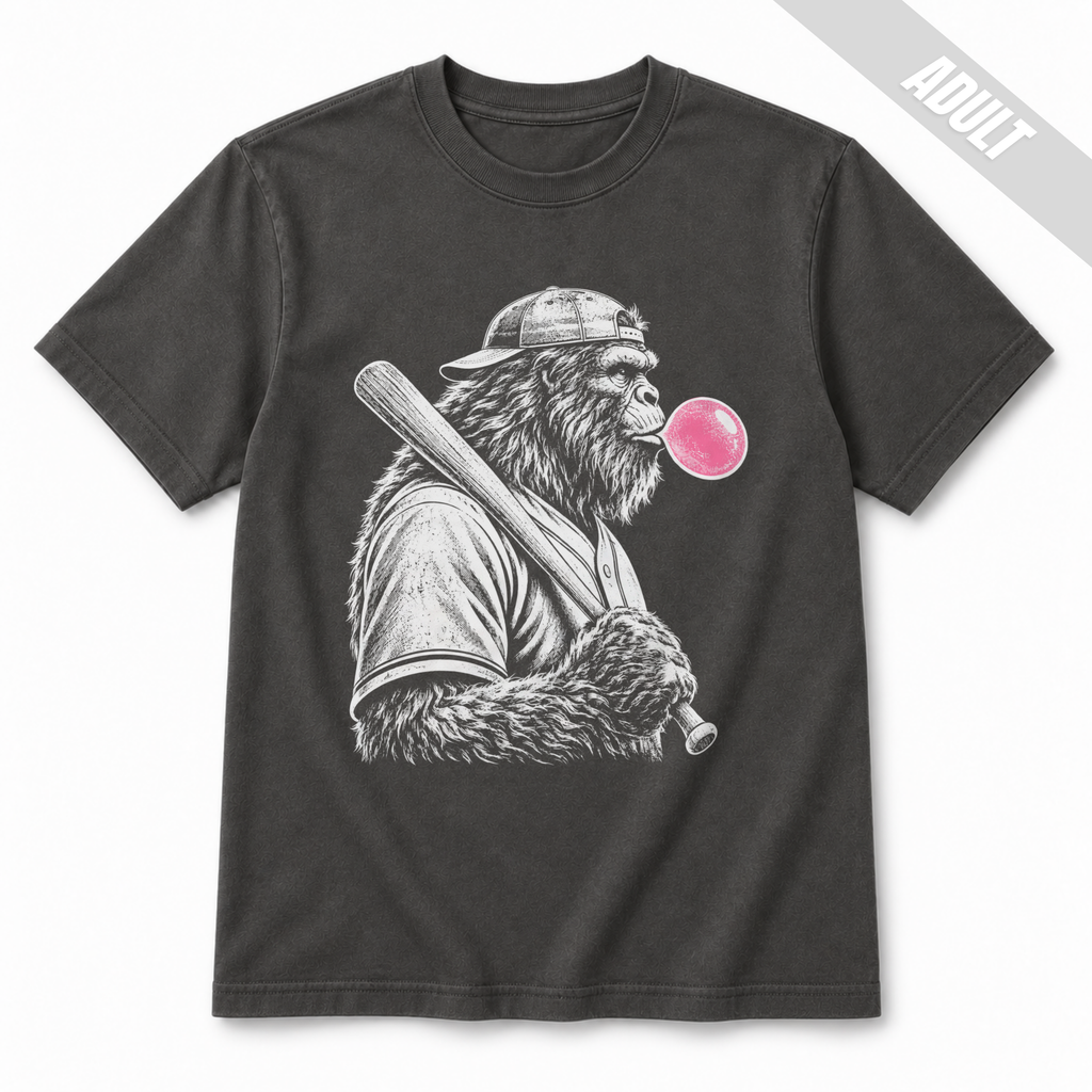 Pepper adult baseball T-shirt featuring a large white vintage-style Bigfoot holding a baseball bat and blowing a bright pink bubble.