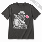 Pepper adult baseball T-shirt featuring a large white vintage-style Bigfoot holding a baseball bat and blowing a bright pink bubble.