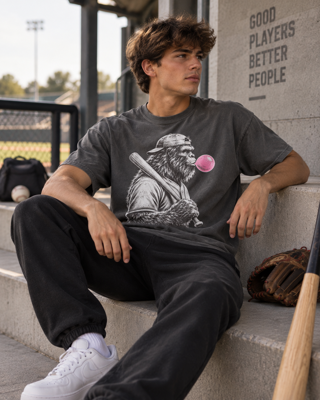 Teen wearing a Pepper Bigfoot Bubble baseball Adult T-shirt in a dugout, featuring a large white Bigfoot graphic with a baseball bat and bright pink bubble.