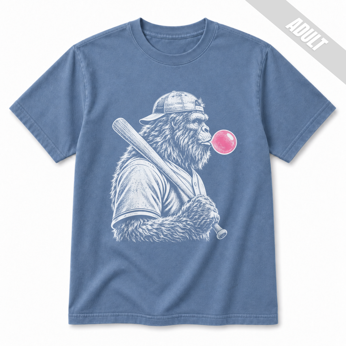 Washed Denim adult baseball T-shirt featuring a large white Bigfoot baseball graphic with a contrasting bright pink bubble.