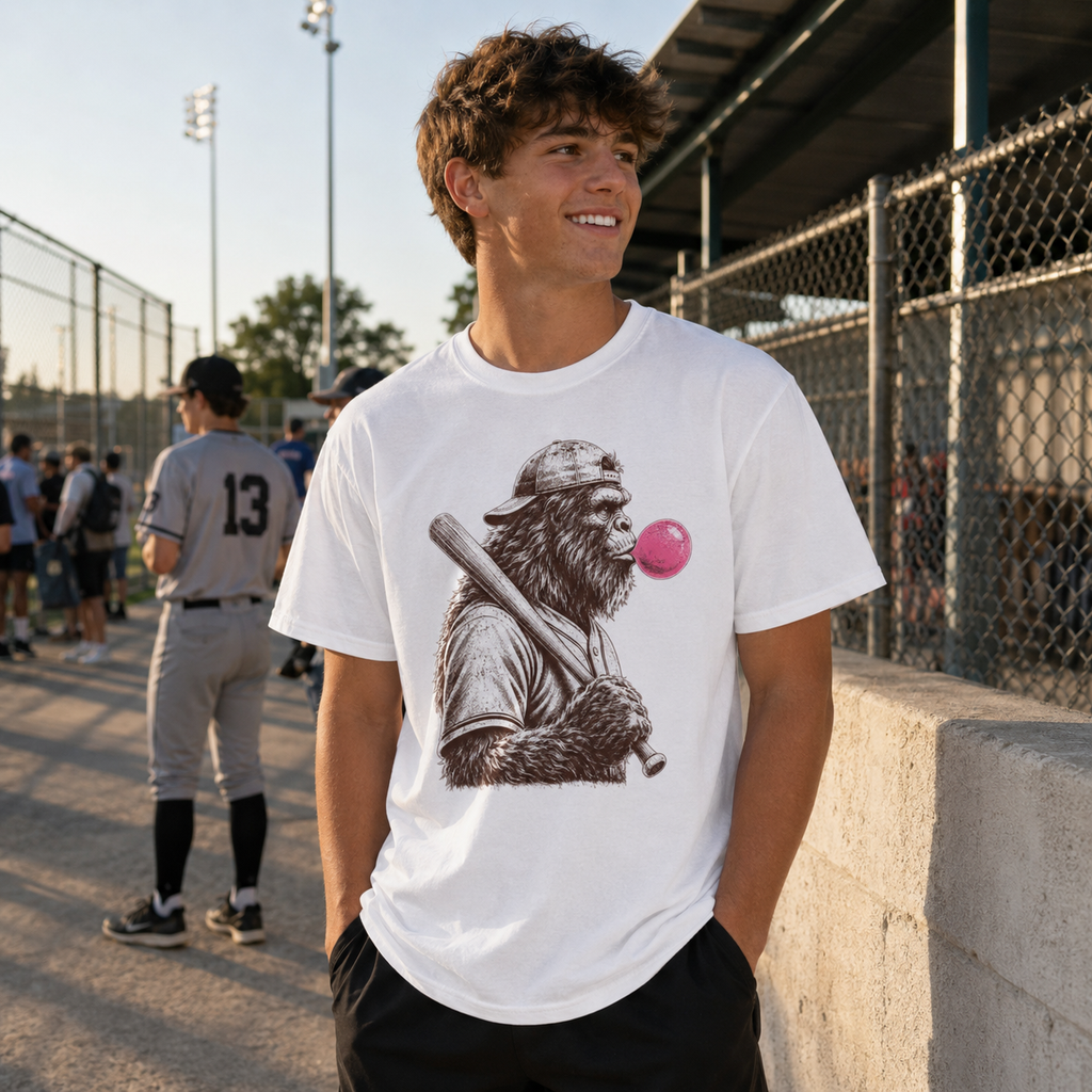 Teen wearing the white Bigfoot Bubble adult baseball T-shirt at a baseball complex with the large front graphic and pink bubble visible.