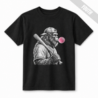 Black youth baseball T-shirt featuring a large white Bigfoot holding a baseball bat and blowing a bright pink bubble.