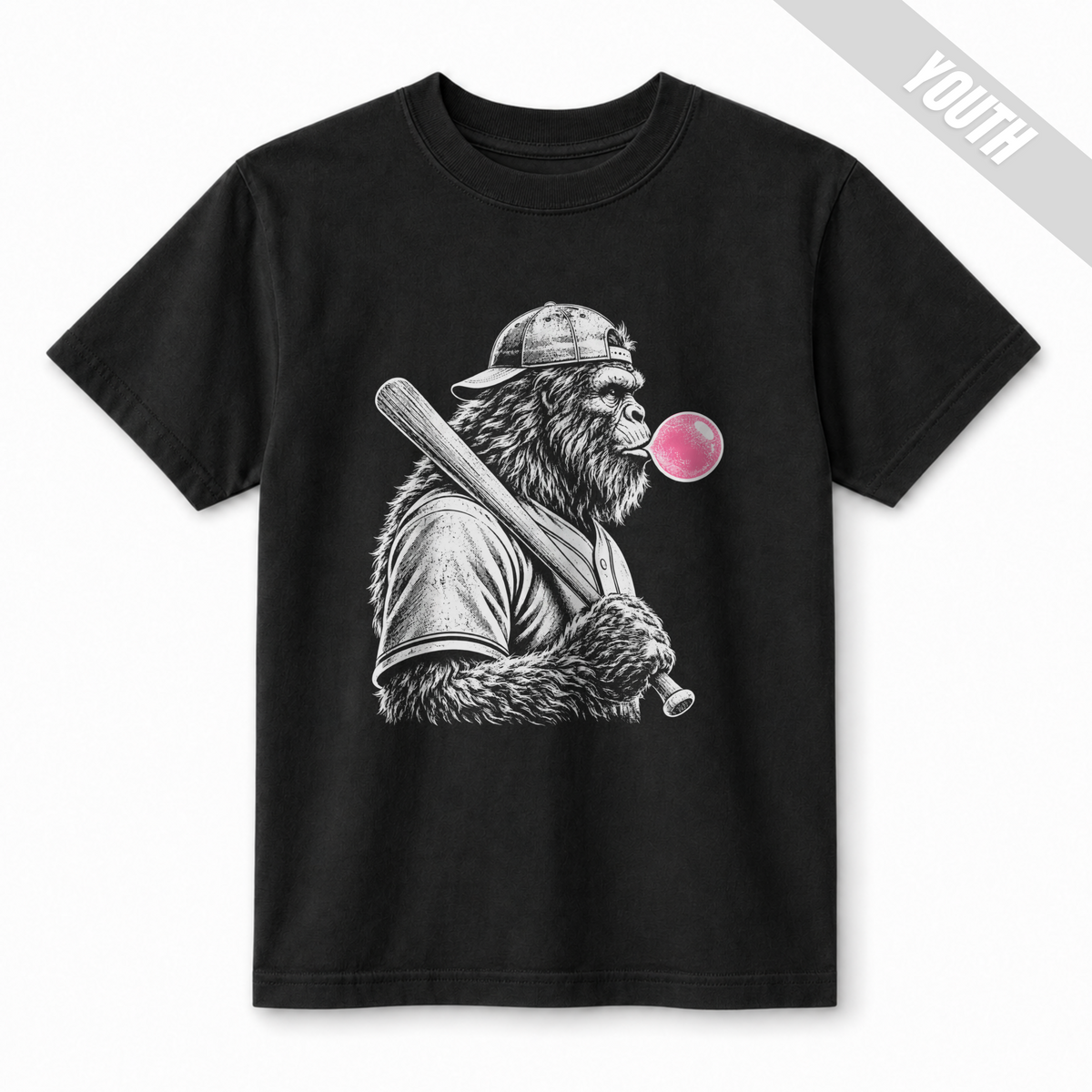 Black youth baseball T-shirt featuring a large white Bigfoot holding a baseball bat and blowing a bright pink bubble.
