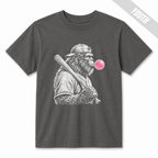 Pepper youth baseball T-shirt featuring a large white vintage-style Bigfoot holding a baseball bat and blowing a pink bubble.
