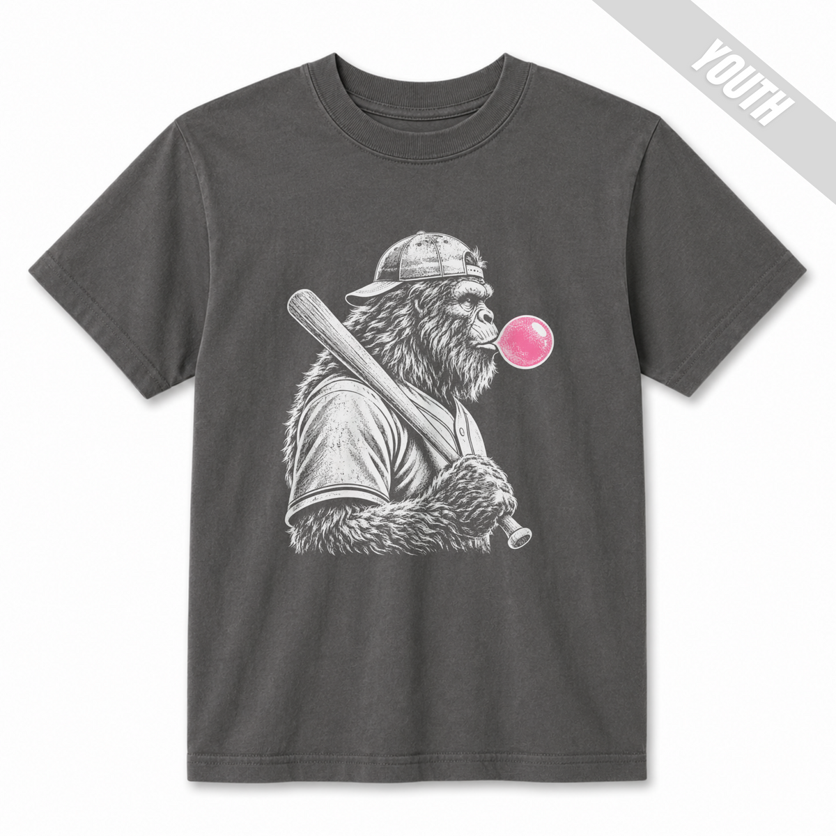 Pepper youth baseball T-shirt featuring a large white vintage-style Bigfoot holding a baseball bat and blowing a pink bubble.