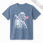 Washed Denim youth baseball T-shirt featuring a large white Bigfoot baseball graphic with a contrasting bright pink bubble.