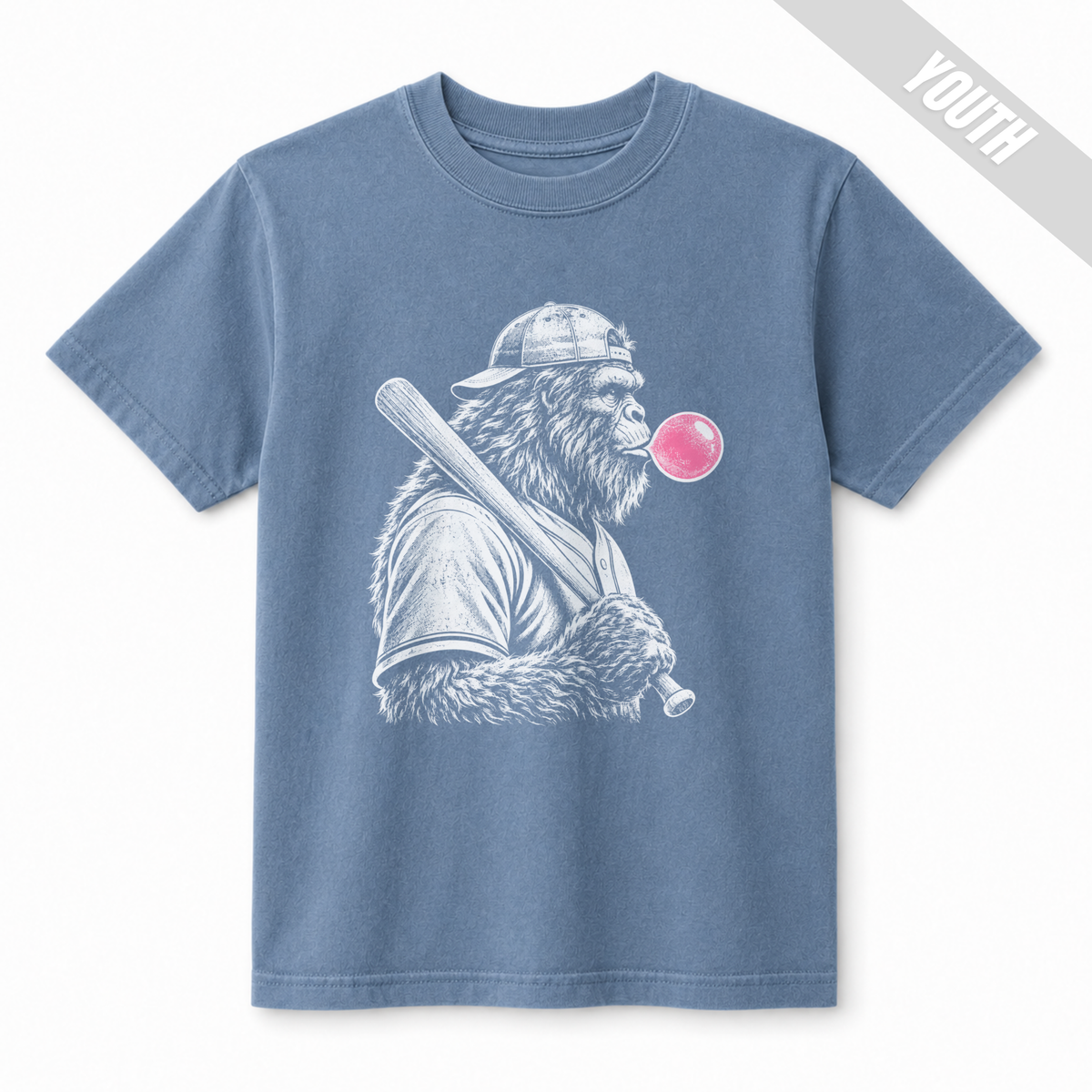 Washed Denim youth baseball T-shirt featuring a large white Bigfoot baseball graphic with a contrasting bright pink bubble.