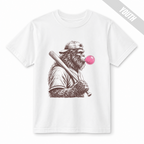 White youth baseball T-shirt featuring a vintage-style Bigfoot holding a baseball bat and blowing a bright pink bubble.