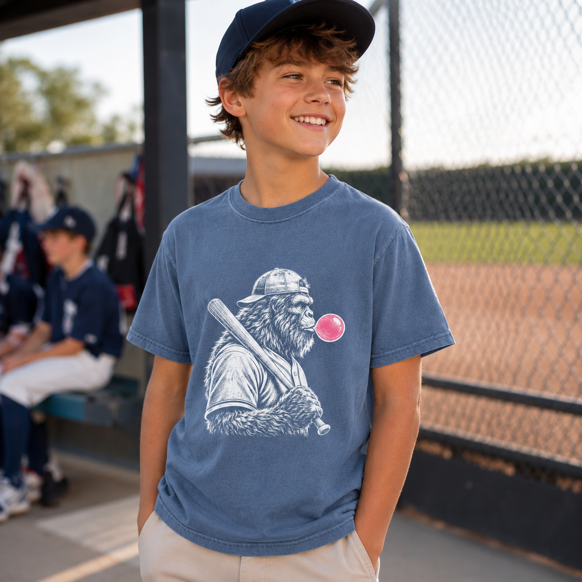 Boy wearing the Washed Denim Bigfoot Bubble youth baseball T-shirt near a baseball dugout with the white and pink front graphic visible.