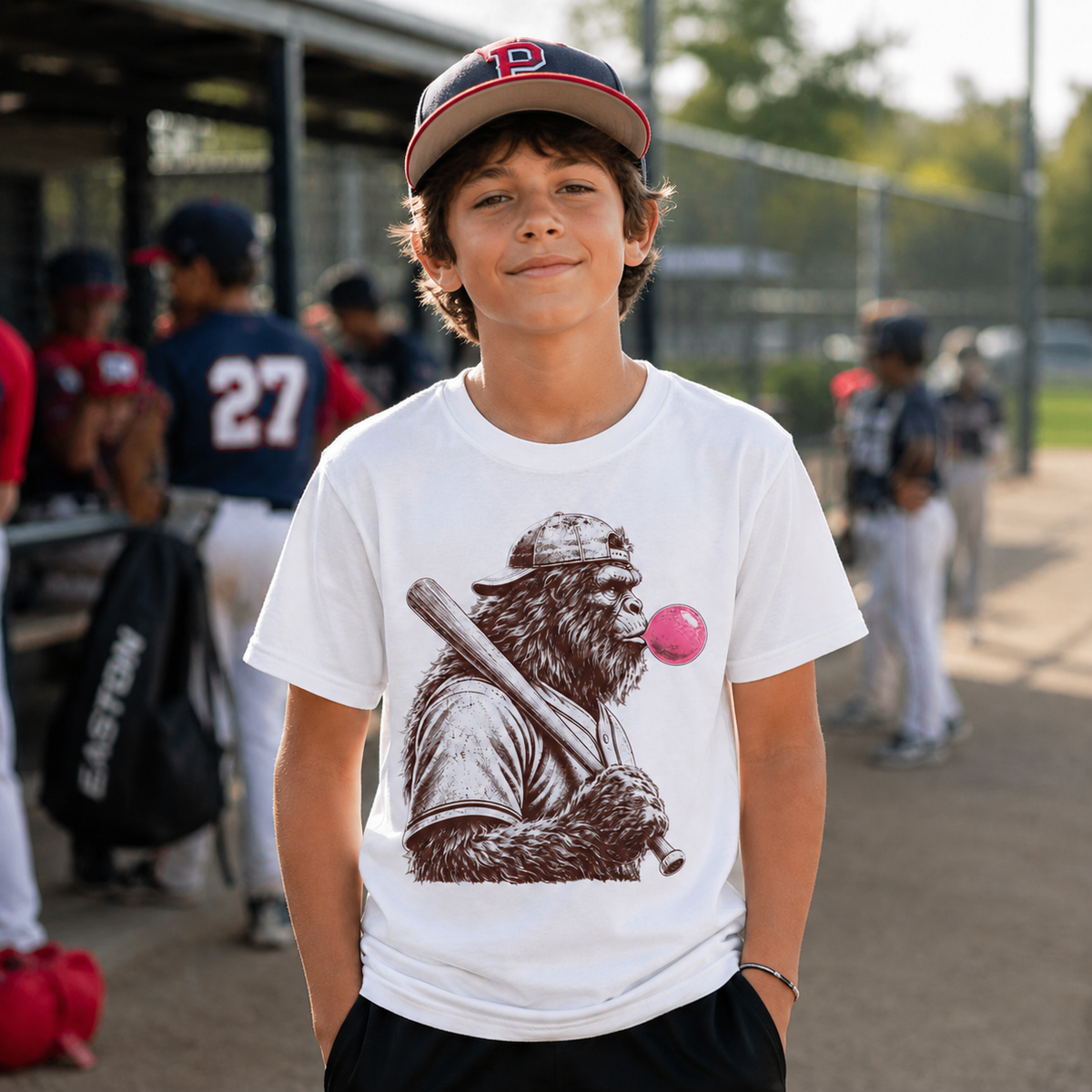 Boy wearing the white Bigfoot Bubble youth baseball T-shirt at a baseball complex with the large front graphic and pink bubble visible.