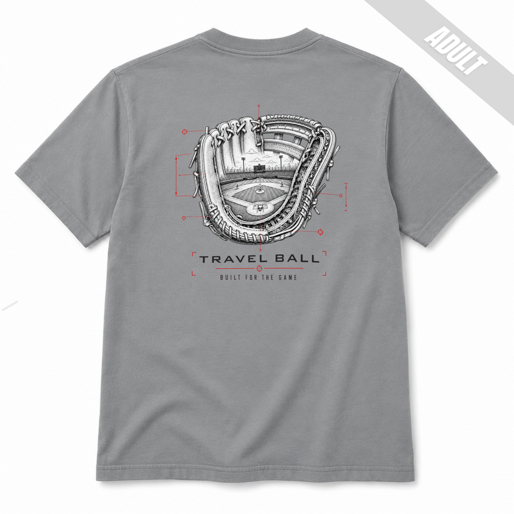 Back of a Granite adult baseball T-shirt featuring a technical baseball glove with a ballpark inside and Travel Ball Built for the Game text.