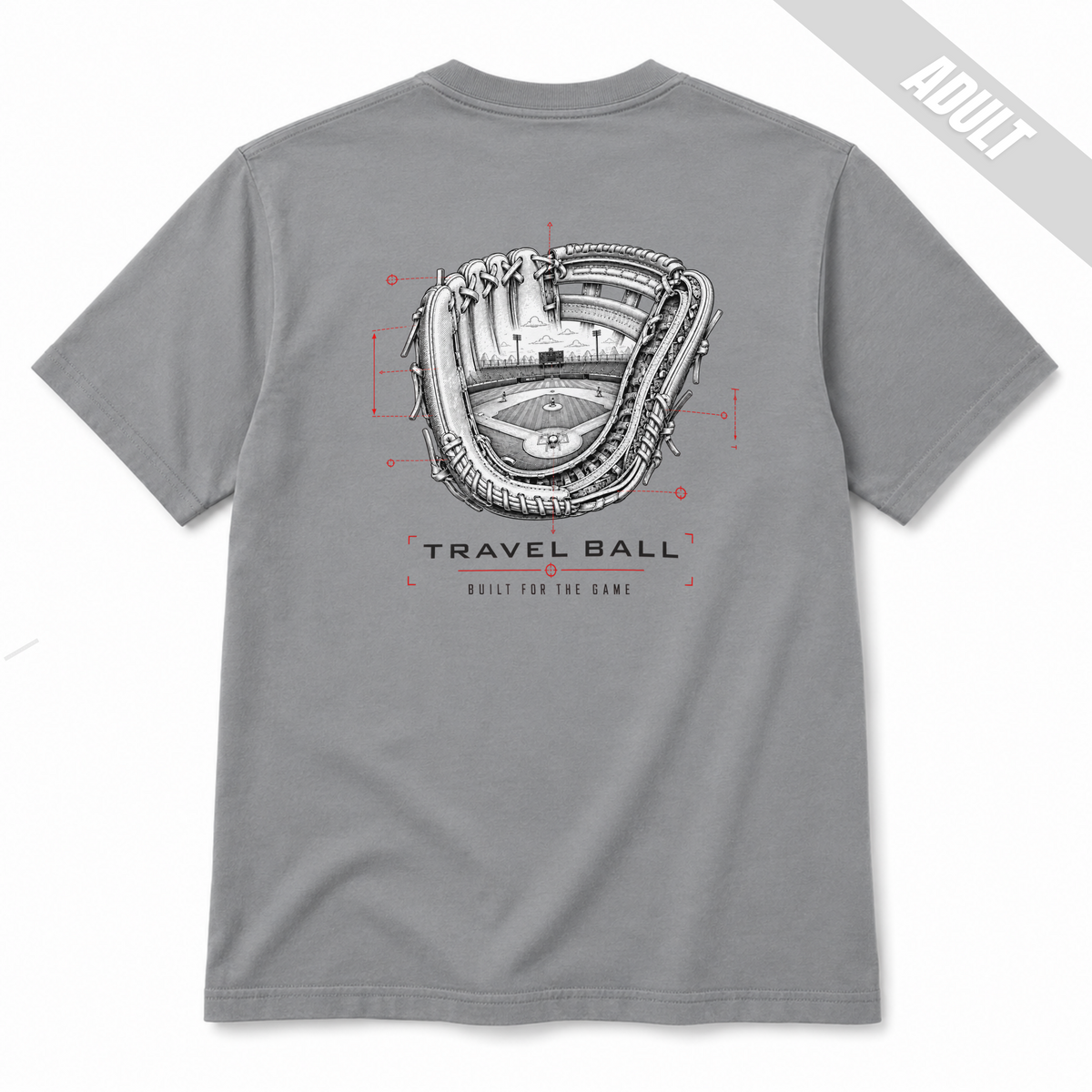 Back of a Granite adult baseball T-shirt featuring a technical baseball glove with a ballpark inside and Travel Ball Built for the Game text.