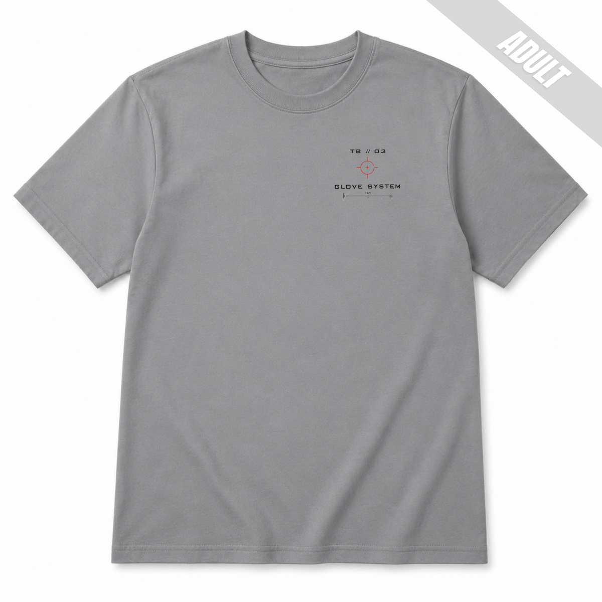 Front of a Granite adult baseball T-shirt with the small TB 03 target graphic and Glove System design on the left chest.