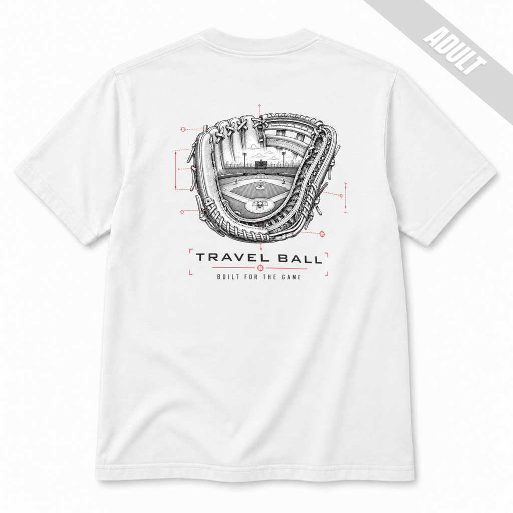 Back of a white adult baseball T-shirt featuring the technical glove-and-ballpark graphic with Travel Ball and Built for the Game lettering.