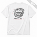 Back of a white adult baseball T-shirt featuring the technical glove-and-ballpark graphic with Travel Ball and Built for the Game lettering.