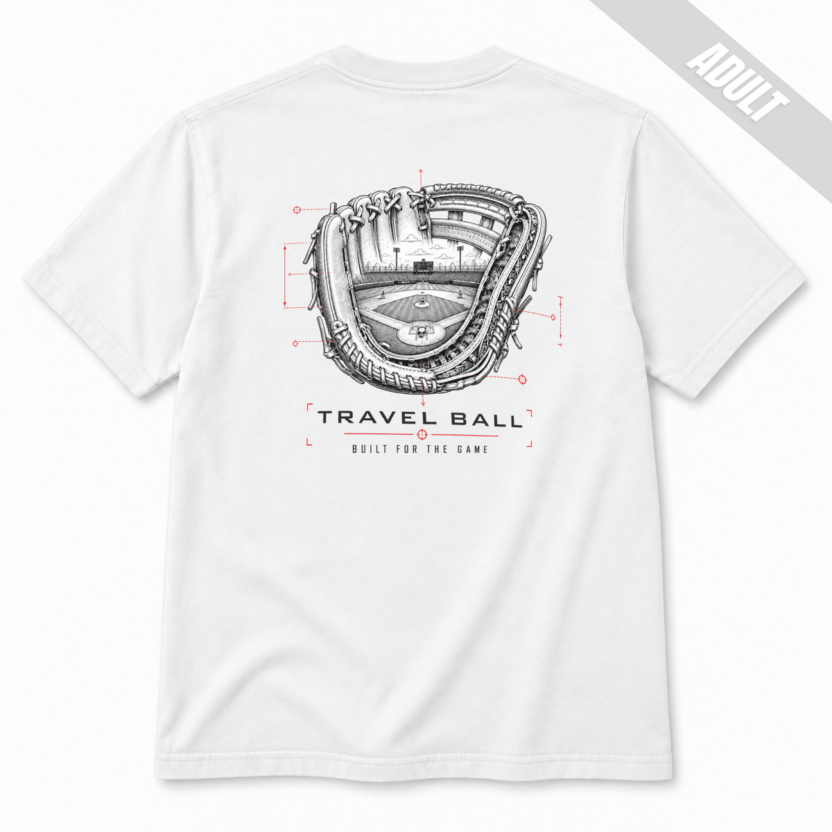 Back of a white adult baseball T-shirt featuring the technical glove-and-ballpark graphic with Travel Ball and Built for the Game lettering.