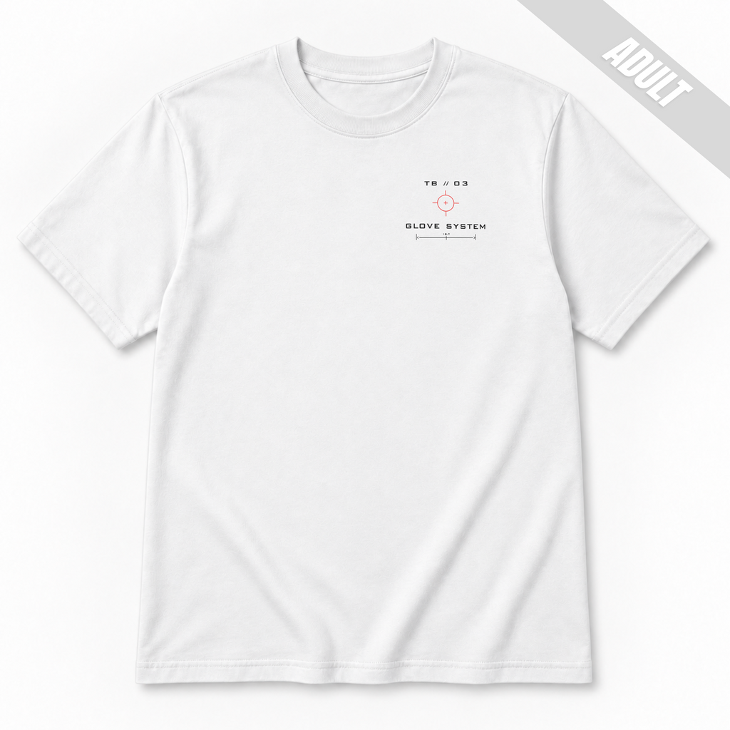 Front of a white adult baseball T-shirt with the small TB 03 Glove System technical graphic printed on the left chest.