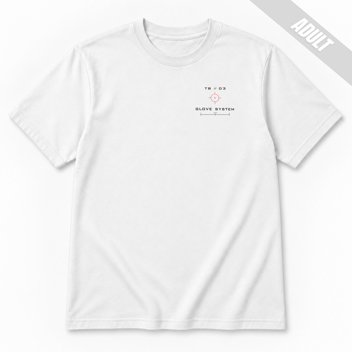 Front of a white adult baseball T-shirt with the small TB 03 Glove System technical graphic printed on the left chest.