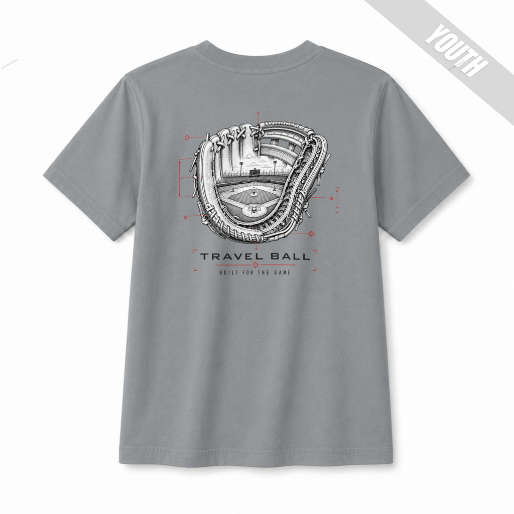 Back of a Granite youth baseball T-shirt featuring a technical baseball glove and ballpark graphic with Travel Ball and Built for the Game text.