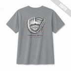 Back of a Granite youth baseball T-shirt featuring a technical baseball glove and ballpark graphic with Travel Ball and Built for the Game text.