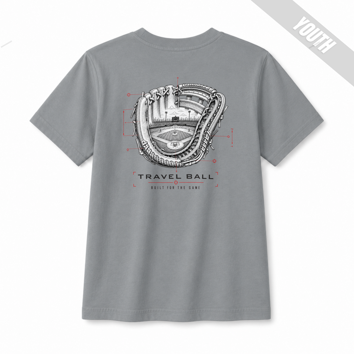 Back of a Granite youth baseball T-shirt featuring a technical baseball glove and ballpark graphic with Travel Ball and Built for the Game text.