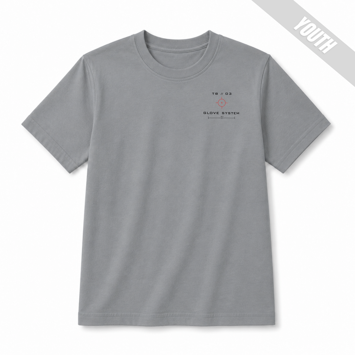 Front of a Granite youth baseball T-shirt with a small TB 03 target graphic and Glove System design on the left chest.