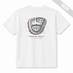 Back of a white youth baseball T-shirt featuring a detailed glove with a baseball field inside and Travel Ball Built for the Game lettering.