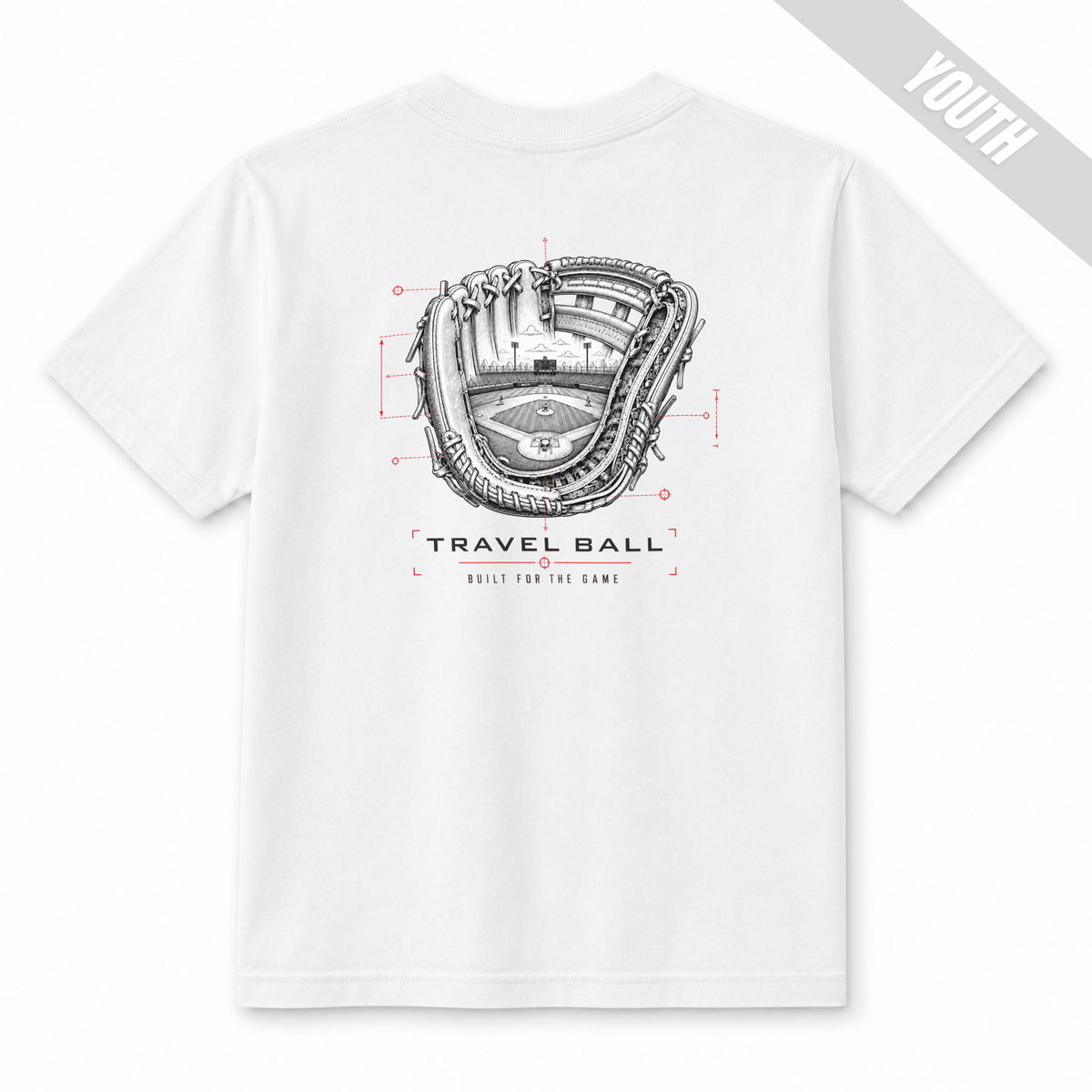 Back of a white youth baseball T-shirt featuring a detailed glove with a baseball field inside and Travel Ball Built for the Game lettering.