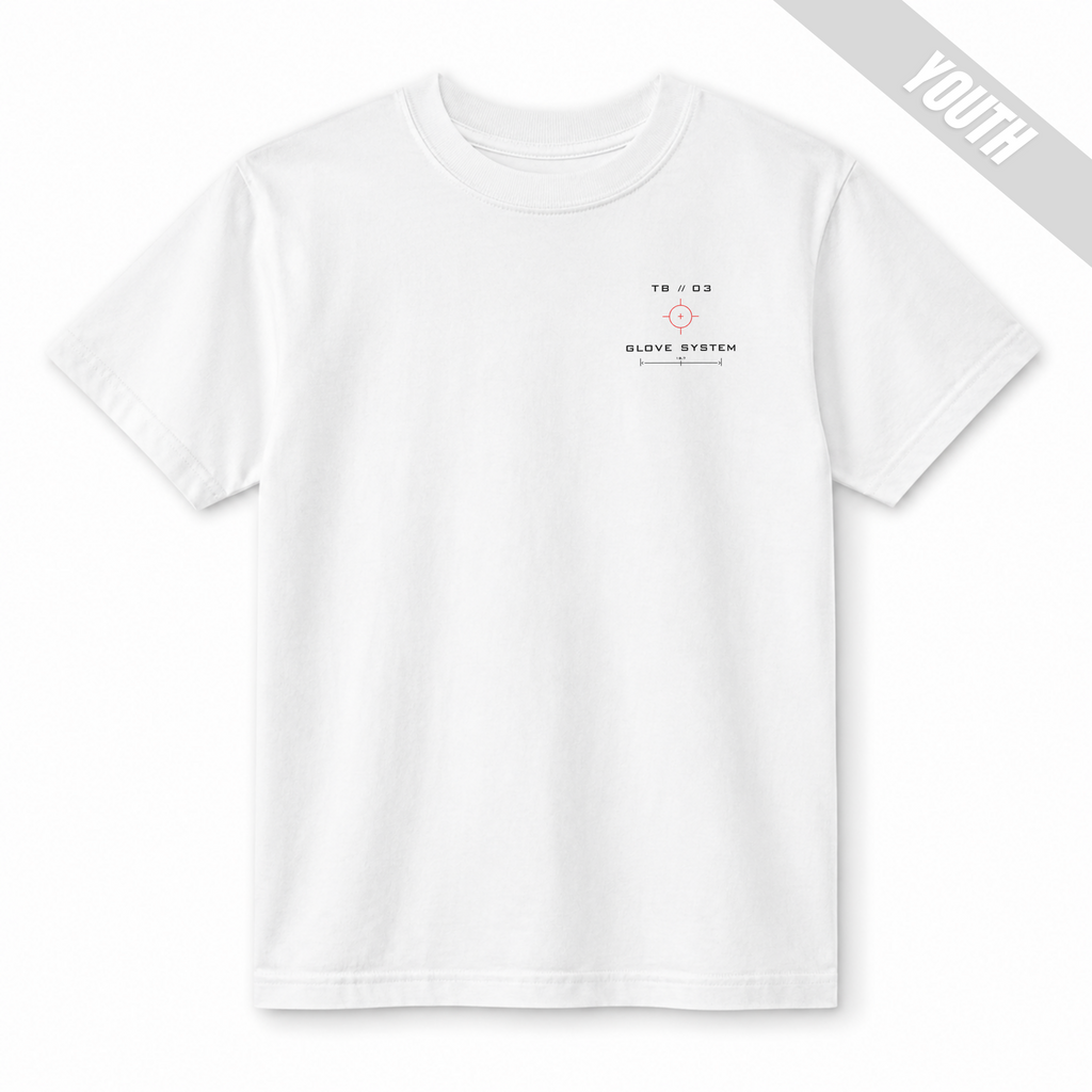 Front of a white youth baseball T-shirt with the small TB 03 Glove System technical graphic printed on the left chest.