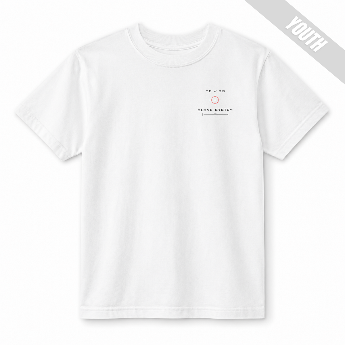 Front of a white youth baseball T-shirt with the small TB 03 Glove System technical graphic printed on the left chest.