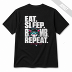 Back of black Built to Bomb adult baseball T-shirt featuring the Eat Sleep Bomb Repeat graphic in white, pink and teal.