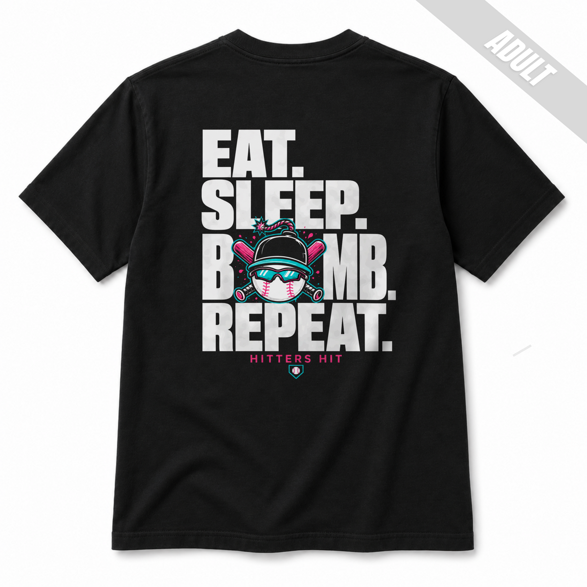 Back of black Built to Bomb adult baseball T-shirt featuring the Eat Sleep Bomb Repeat graphic in white, pink and teal.