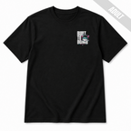 Front of black Built to Bomb adult baseball T-shirt with small white, pink and teal Built to Bomb baseball graphic on the left chest.