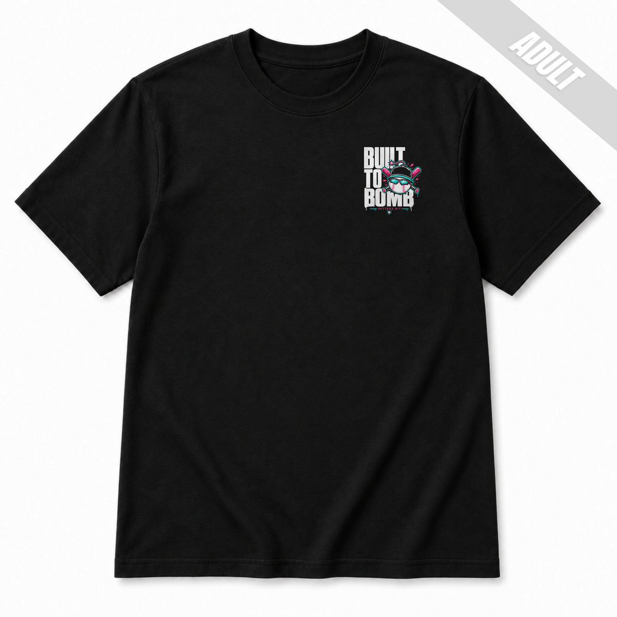 Front of black Built to Bomb adult baseball T-shirt with small white, pink and teal Built to Bomb baseball graphic on the left chest.