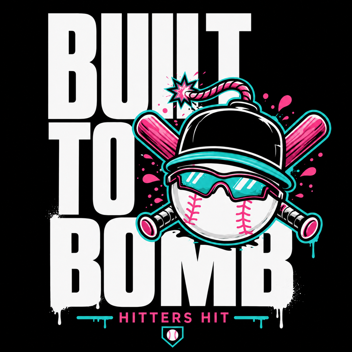 Built to Bomb front graphic with stacked white lettering and a baseball bomb character in hot pink, turquoise, black and white.