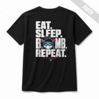Back of black Built to Bomb youth baseball T-shirt featuring the Eat Sleep Bomb Repeat graphic in white, pink and teal.