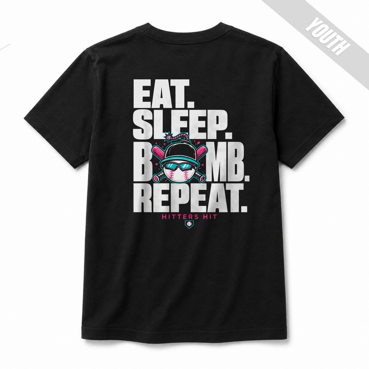 Back of black Built to Bomb youth baseball T-shirt featuring the Eat Sleep Bomb Repeat graphic in white, pink and teal.
